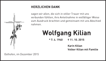 Traueranzeige von Wolfgang Kilian von  Wormser Zeitung