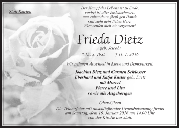 Traueranzeige von Frieda Dietz von VRM Trauer