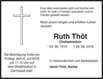 Traueranzeige von Ruth Thöt von Trauerportal Echo Online