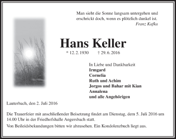 Traueranzeige von Hans Keller von VRM Trauer