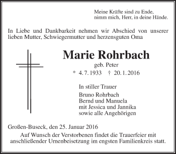 Traueranzeige von Marie Rohrbach von  Gießener Anzeiger