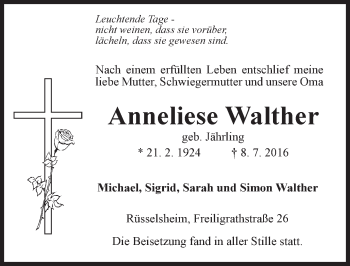 Traueranzeige von Anneliese Walther von Trauerportal Rhein Main Presse