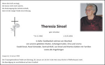 Traueranzeige von Theresia Sinsel von  GT am Sonntag