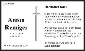 Traueranzeige von Anton Remiger von VRM Trauer