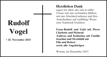 Traueranzeige von Rudolf Vogel von  Wormser Zeitung