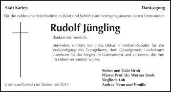 Traueranzeige von Rudolf Jüngling von  Sonntags Anzeiger