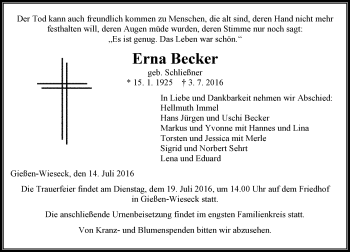 Traueranzeige von Erna Becker von  Gießener Anzeiger