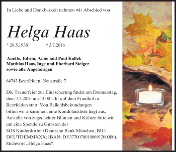 Traueranzeige von Helga Haas von Trauerportal Echo Online