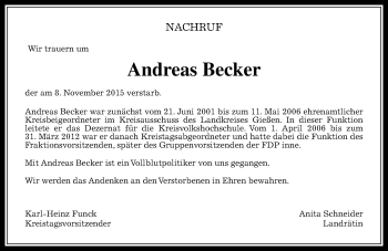 Traueranzeige von Andreas Becker von  Gießener Anzeiger