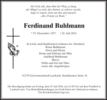 Traueranzeige von Ferdinand Buhlmann von  Usinger Anzeiger