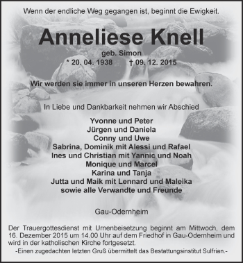 Traueranzeige von Anneliese Knell von  Allgemeine Zeitung Alzey
