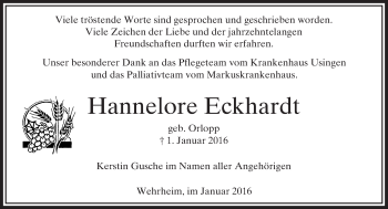 Traueranzeige von Hannelore Eckhardt von  Usinger Anzeiger
