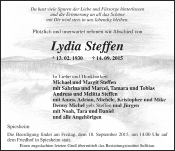 Traueranzeige von Lydia Steffen von  Alzey