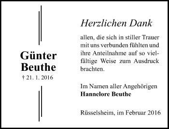 Traueranzeige von Günter Beuthe von  Mainspitze Traueranzeige von Günter Beuthe von  Mainspitze