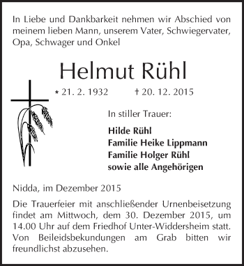Traueranzeige von Helmut Rühl von  Kreisanzeiger