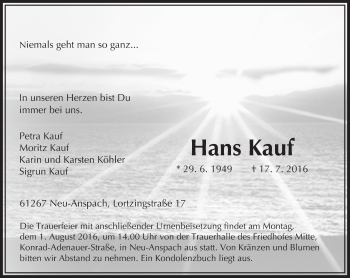 Traueranzeige von Hans Kauf von  Usinger Anzeiger