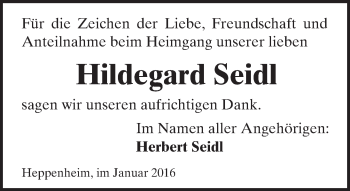 Traueranzeige von Hildegard Seidl von  Wormser Zeitung