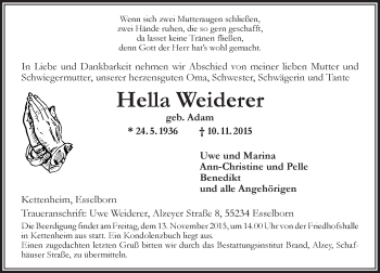 Traueranzeige von Hella Weiderer von  Allgemeine Zeitung Alzey