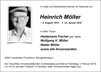Traueranzeige von Heinrich Möller von VRM Trauer