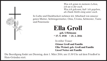 Traueranzeige von Ella Groll von  Gelnhäuser Tageblatt