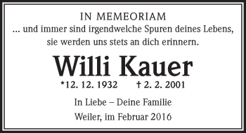 Traueranzeige von Willi Kauer von  Allgemeine  Zeitung Ingelheim-Bingen