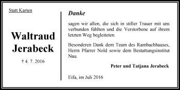 Traueranzeige von Waltraud Jerabeck von  OK Oberhessen Kurier