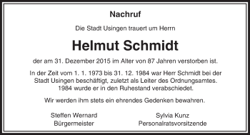 Traueranzeige von Helmut Schmidt von  Usinger Anzeiger