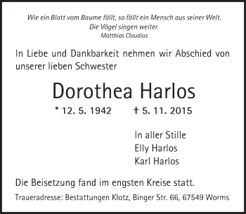 Traueranzeige von Dorothea Harlos von  Wormser Zeitung