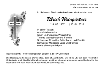 Traueranzeige von Ulrich Weingärtner von  Allgemeine  Zeitung Ingelheim-Bingen
