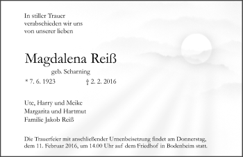 Traueranzeige von Magdalena Reiß von  Allgemeine Zeitung Mainz