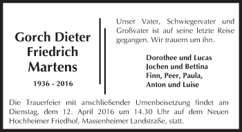 Traueranzeige von Gorch Dieter Friedrich Martens von  Wiesbaden komplett