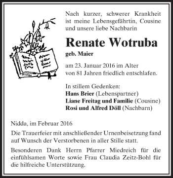 Traueranzeige von Renate Wotruba von  Sonntags Anzeiger