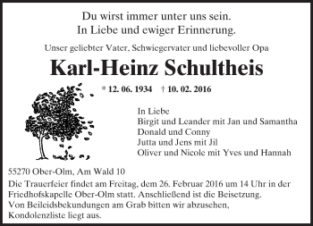 Traueranzeige von Karl-Heinz Schultheis von  Allgemeine Zeitung Mainz