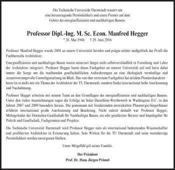 Traueranzeige von Manfred Hegger von Trauerportal Echo Online