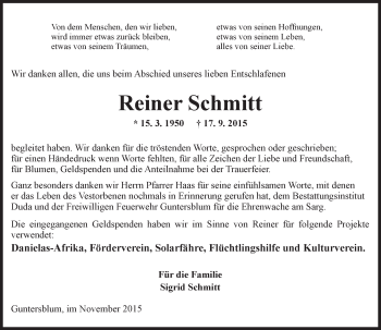 Traueranzeige von Reiner Schmitt von  Landskrone