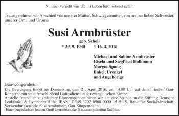 Traueranzeige von Susi Armbrüster von  Allgemeine Zeitung Alzey