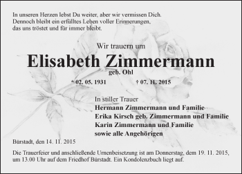 Traueranzeige von Elisabeth Zimmermann von  Bürstädter Zeitung
