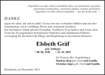Traueranzeige von Elsbeth Gräf von  Wormser Zeitung