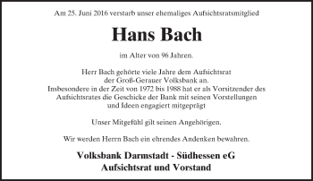 Traueranzeige von Hans Bach von Trauerportal Echo Online
