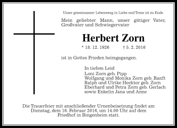 Traueranzeige von Herbert Zorn von  Kreisanzeiger