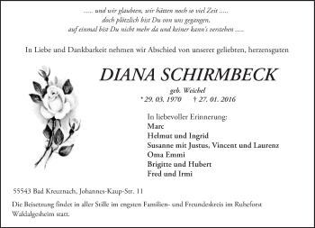 Traueranzeige von Diana Schirmbeck von  Allg. Zeitung Bad Kreuznach