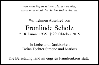 Traueranzeige von Fronlinde Scholz von  Allgemeine Zeitung Mainz