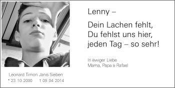 Traueranzeige von Leonard Timon Janis Sieben von  Allgemeine Zeitung Mainz