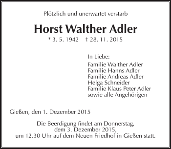 Traueranzeige von Horst Walther Adler von  Gießener Anzeiger