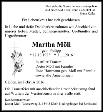 Traueranzeige von Martha Möll von  Gießener Anzeiger