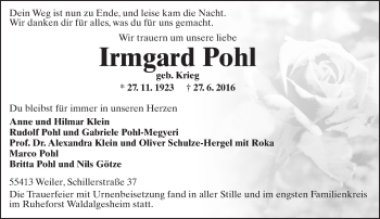 Traueranzeige von Irmgard Pohl von Trauerportal Rhein Main Presse