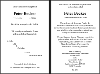 Traueranzeige von Peter Becker von Trauerportal Echo Online