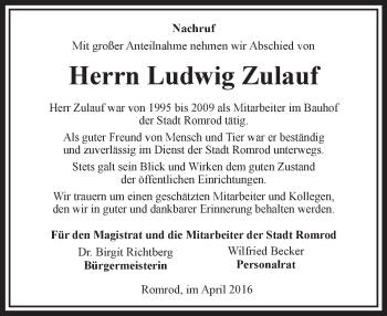 Traueranzeige von Ludwig Zulauf von VRM Trauer