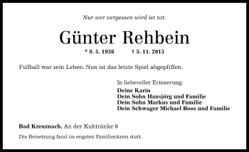 Traueranzeige von Günter Rehbein von  Allg. Zeitung Bad Kreuznach