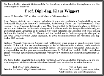 Traueranzeige von Klaus Wiggert von  Gießener Anzeiger